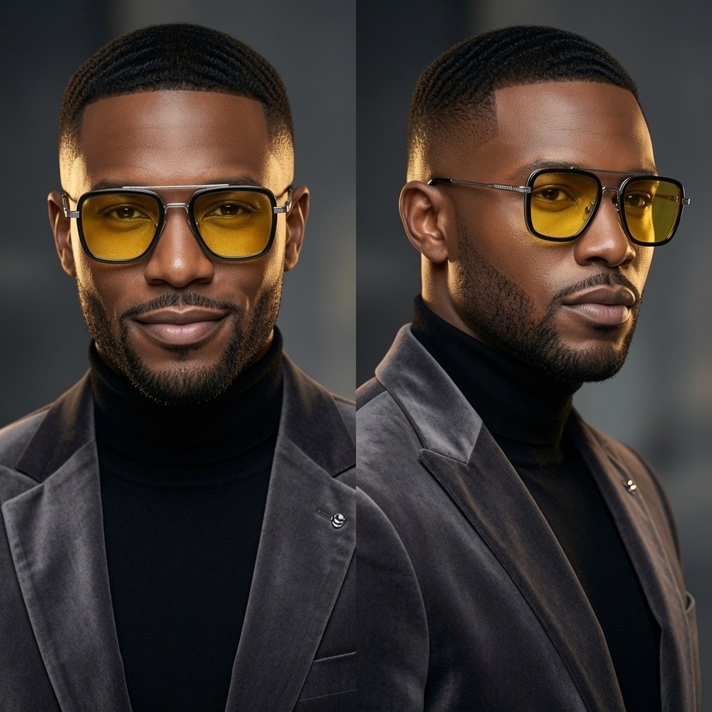 Mens Square Hip Hop Sunglasses Yellow Lens Silver Frame Retro Rapper Style Gafas